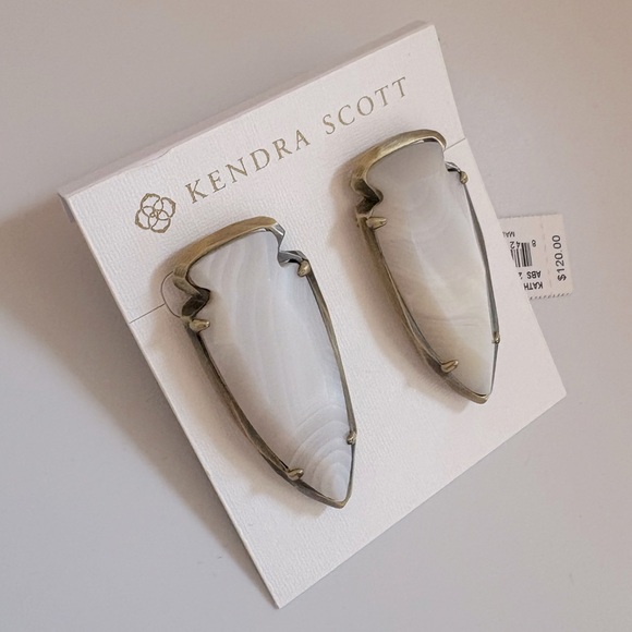 NWT [Kendra Scott] Kathryn Large Stud Geometric Earrings in White Banded Agate - Picture 6 of 10